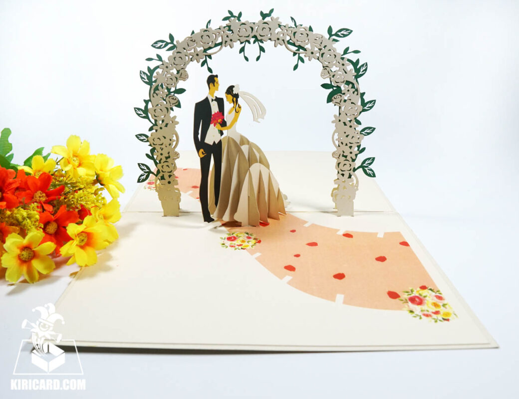 3D Pop Up Wedding Anniversary Card - Floral & Animal Theme, Gold, Opens To 8.25x10 Inches