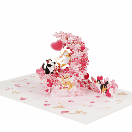 3D pop-up Valentine card with cute cats, hearts, and cherry blossoms