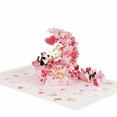 3D pop-up Valentine card with cute cats, hearts, and cherry blossoms