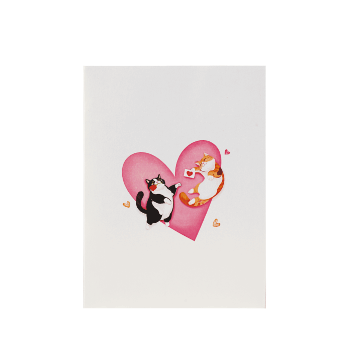 Romantic handmade Cats in Love Pop-up Card with floral and heart design
