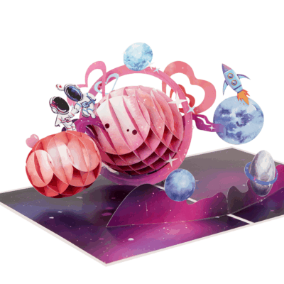 Cosmic Love Adventure Pop-up Card with astronauts, planets, and pink galaxy design