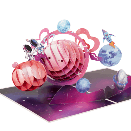 Cosmic Love Adventure Pop-up Card with astronauts, planets, and pink galaxy design