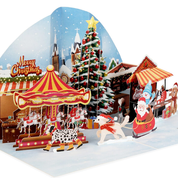 Santa sleigh and festive scene in a holiday pop-up card