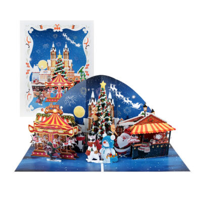 Christmas Night Pop-up Card featuring Santa, snowmen, and festive market stalls.