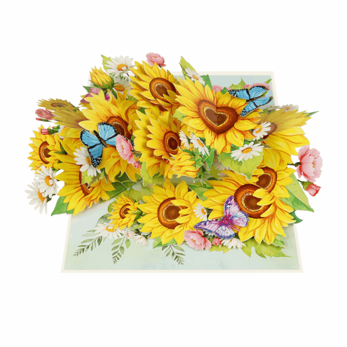 Sunflower birthday and thank you pop-up card with colorful flowers