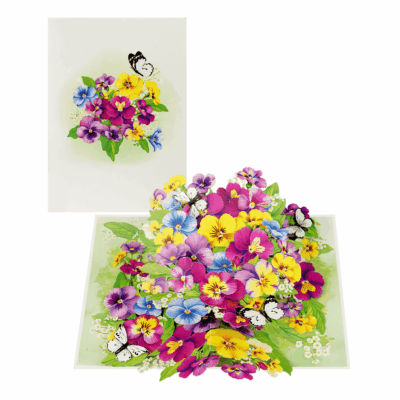3D floral birthday card featuring pansies in purple, yellow, and pink