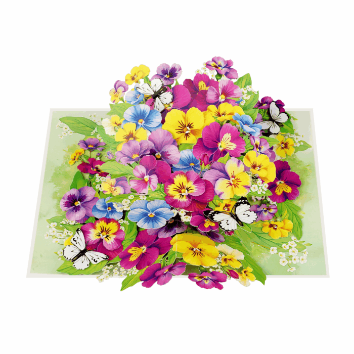 Pansy flower bouquet pop-up card with colorful blooms and butterflies