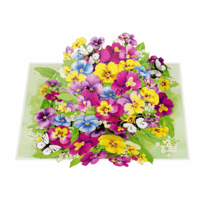 Pansy flower bouquet pop-up card with colorful blooms and butterflies
