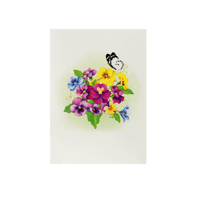 Handmade pansy pop-up greeting card with vibrant flower arrangement