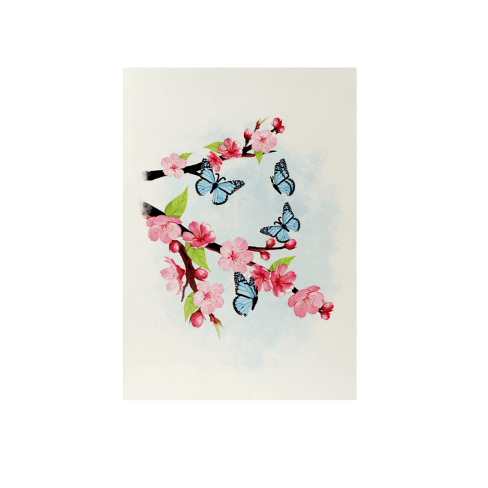 3D cherry blossom pop up card with pink flowers and blue butterflies