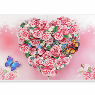 Pink Rose Heart 3D Card, pink roses in heart shape with butterflies