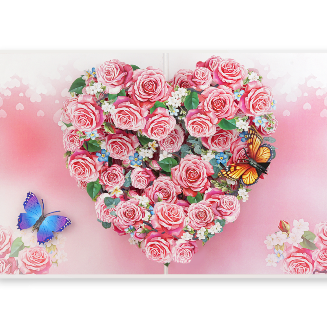 2 Pink Rose Heart 3D Card, pink roses in heart shape with butterflies