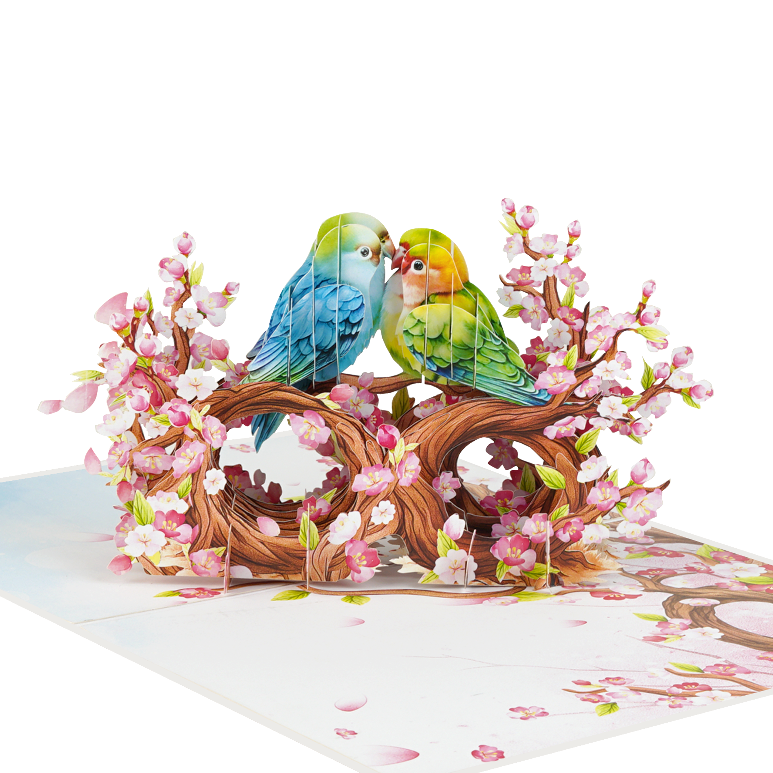 LV107 1 Lovebirds Couple Pop-up card with two colorful birds on blossom branch