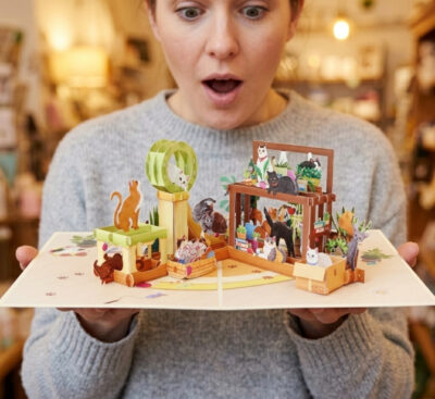 customers interacting with pop up cards for gift shops