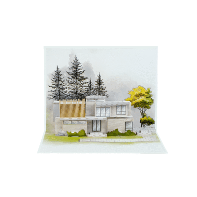 Custom Marketing Pop Up Card for MO+ Design Studio featuring a luxury modern house in a 3D paper design for architecture firms, interior designers, and real estate marketing.