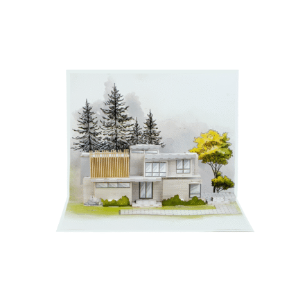 Custom Marketing Pop Up Card for MO+ Design Studio featuring a luxury modern house in a 3D paper design for architecture firms, interior designers, and real estate marketing.
