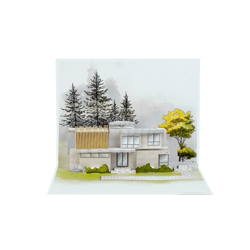 Custom Marketing Pop Up Card for MO+ Design Studio featuring a luxury modern house in a 3D paper design for architecture firms, interior designers, and real estate marketing.