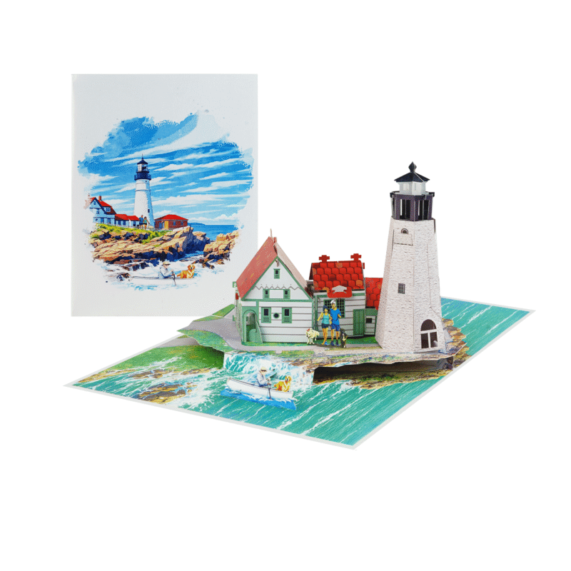 Custom Landmark Pop Up Card Oregon Coast Lighthouse design by Kiricard, a pop up card manufacturer specializing in custom pop up cards and wholesale pop up cards for tourism branding.