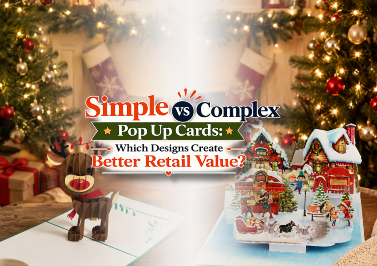 Simple vs complex pop up cards for retail showing different structure levels, shelf appeal, and price positioning
