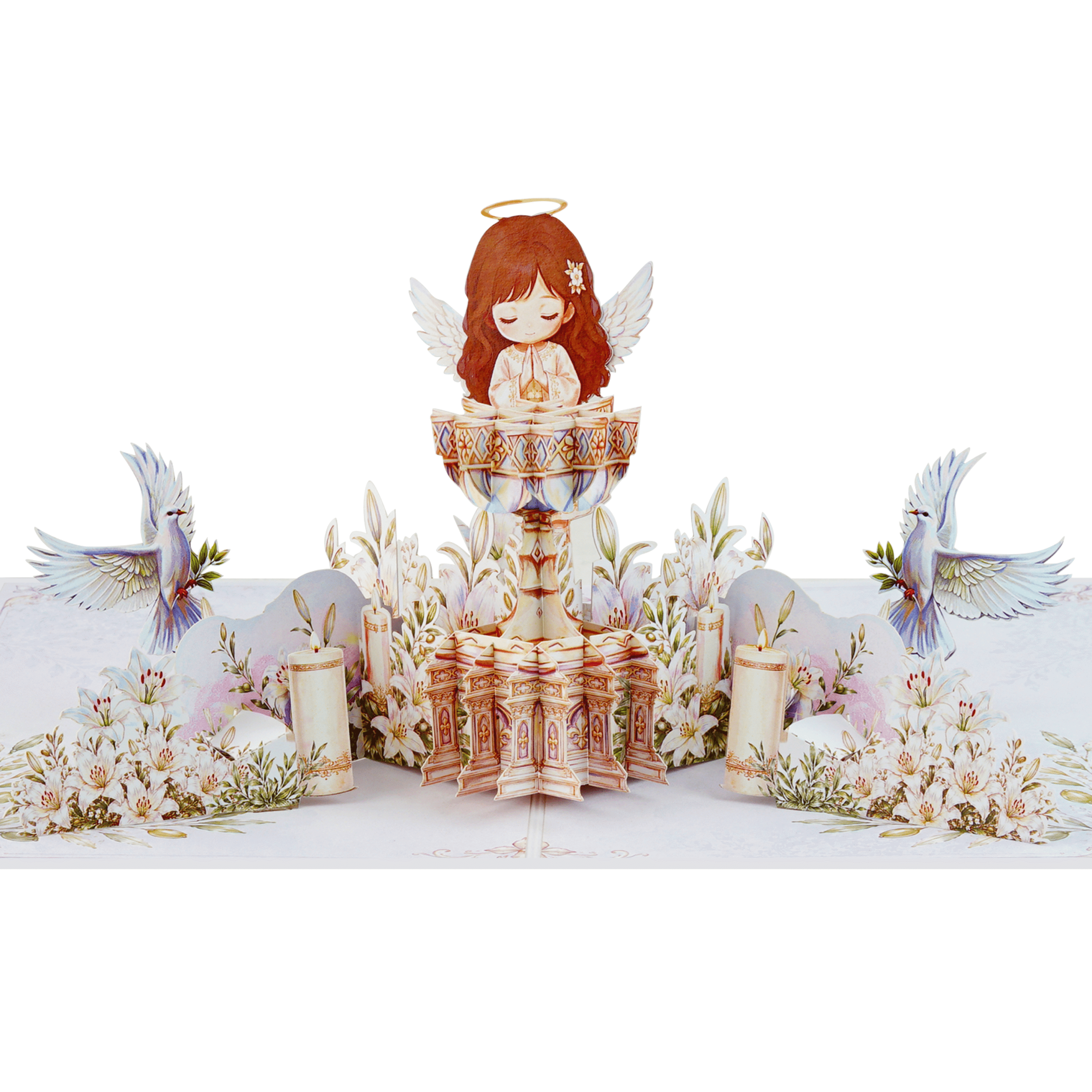 DSC03259 Christening Pop Up Card featuring a praying angel, baptismal altar, white lilies, candles, and doves in a handcrafted 3D baptism greeting card.