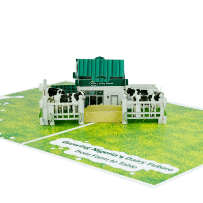 Custom Marketing Pop Up Card for Arla featuring a 3D dairy farm, cows, and milk production scene for FMCG brand storytelling and promotional marketing.