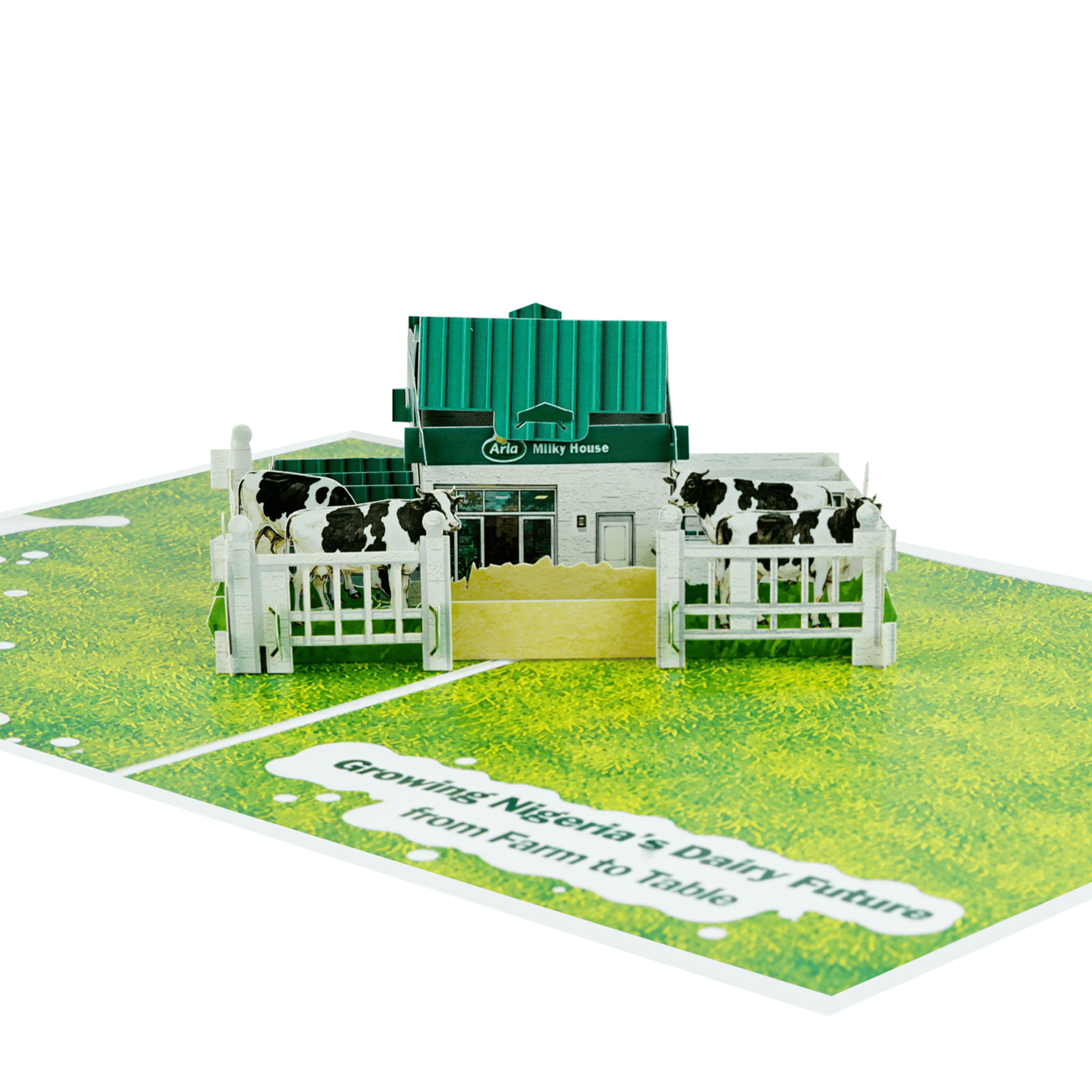 DSC04641 Custom Marketing Pop Up Card for Arla featuring a 3D dairy farm, cows, and milk production scene for FMCG brand storytelling and promotional marketing.