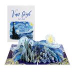 3D Van Gogh inspired Starry Night greeting card featuring a dimensional village and expressive blue night landscape.