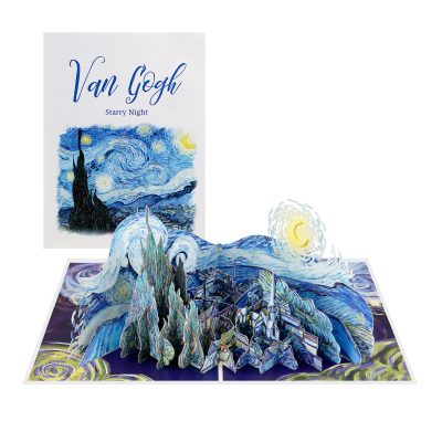 3D Van Gogh inspired Starry Night greeting card featuring a dimensional village and expressive blue night landscape.