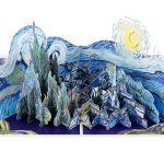 Starry Night Pop Up Card inspired by Van Gogh with layered blue swirling sky, crescent moon, cypress trees and village.