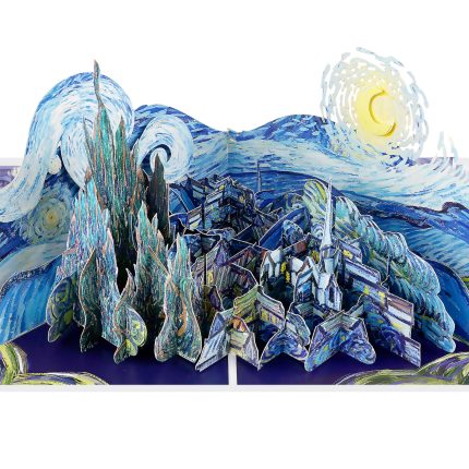 Starry Night Pop Up Card inspired by Van Gogh with layered blue swirling sky, crescent moon, cypress trees and village.