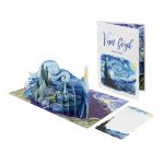 Art inspired Starry Night Pop Up Card with layered paper scenery, glowing moon and swirling blue sky.