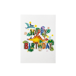 Colorful Dinosaur Happy Birthday Pop Up Card with playful prehistoric animals and layered paper decorations for a children's birthday celebration.