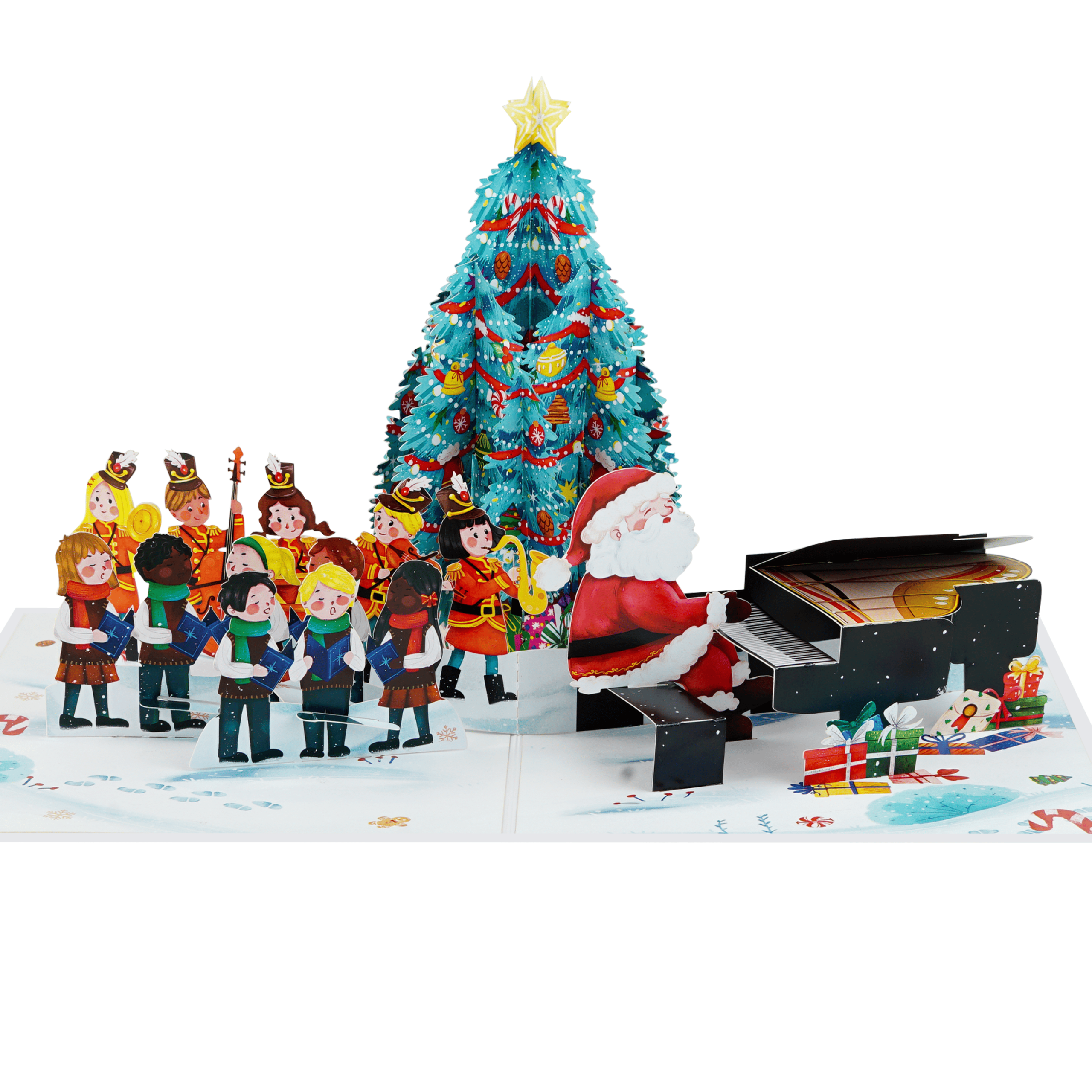 DSC04754 Christmas Choir Pop Up Card featuring Santa Claus playing the piano beside a Christmas tree and a festive choir in a handcrafted 3D holiday greeting card.