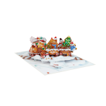 3D Gingerbread Train Pop Up Card showcasing a gingerbread Christmas train filled with holiday treats, festive characters, and snowy Christmas decorations.