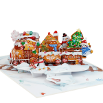 Gingerbread Train Pop Up Card featuring a festive gingerbread locomotive, Christmas tree, snowman, and holiday sweets in a handcrafted 3D Christmas greeting card.