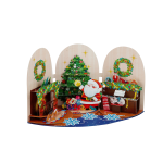 Cozy Santa Christmas greeting card with an intricate 3D paper Christmas tree, Santa Claus, sleeping pets, fireplace, piano, wreaths, and holiday decorations.