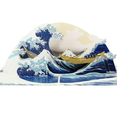 The Great Wave of Kanagawa Pop Up Card featuring a handcrafted 3D paper recreation of Hokusai's famous Japanese wave artwork.