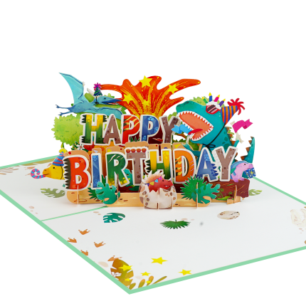 Dinosaur Happy Birthday Pop Up Card featuring colorful 3D dinosaurs, party decorations, tropical leaves, and large Happy Birthday lettering.