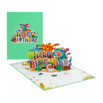 Handmade 3D dinosaur birthday card for kids with T-Rex, flying dinosaur, colorful stars, party hats, and Happy Birthday message.