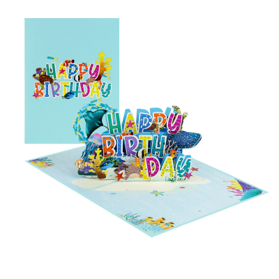 Handmade 3D ocean birthday card with whale shark, manta ray, sea turtle, jellyfish, tropical fish, coral, and colorful Happy Birthday message.