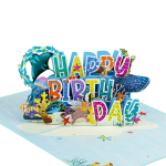 Ocean Birthday Wishes Pop Up Card featuring colorful Happy Birthday lettering, whale shark, manta ray, sea turtles, tropical fish, and coral in a 3D underwater scene.