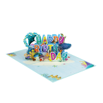 Colorful Ocean Birthday Wishes Pop Up Card featuring layered marine animals and an underwater Happy Birthday celebration for ocean lovers.