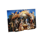 Handmade Holy Night Nativity Pop Up Card with Baby Jesus in the manger beneath the Star of Bethlehem surrounded by Mary, Joseph, angels, and shepherds.