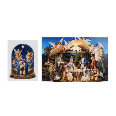 3D religious Christmas pop up card depicting the Nativity scene with the Holy Family, angels, shepherds, Bethlehem, and animals surrounding the manger.