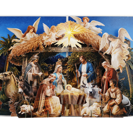 Holy Night Nativity Pop Up Card featuring Baby Jesus, Mary, Joseph, angels, shepherds, animals, and the Star of Bethlehem in a detailed 3D Christmas scene.