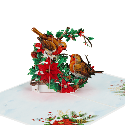 Christmas Double Robins Pop Up Card featuring two robins surrounded by red poinsettias, holly leaves, berries and festive winter greenery.