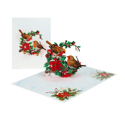 Handmade Christmas Double Robins Pop Up Card with festive red robins and traditional Christmas botanical decorations.