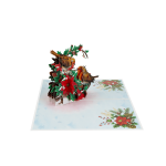 3D robin Christmas card with two winter birds perched among poinsettias, pinecones, holly and evergreen branches.