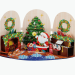 Santa’s Cozy Christmas Pop Up Card featuring Santa Claus, decorated Christmas tree, fireplace, piano, presents, and pets in a handcrafted 3D holiday scene.