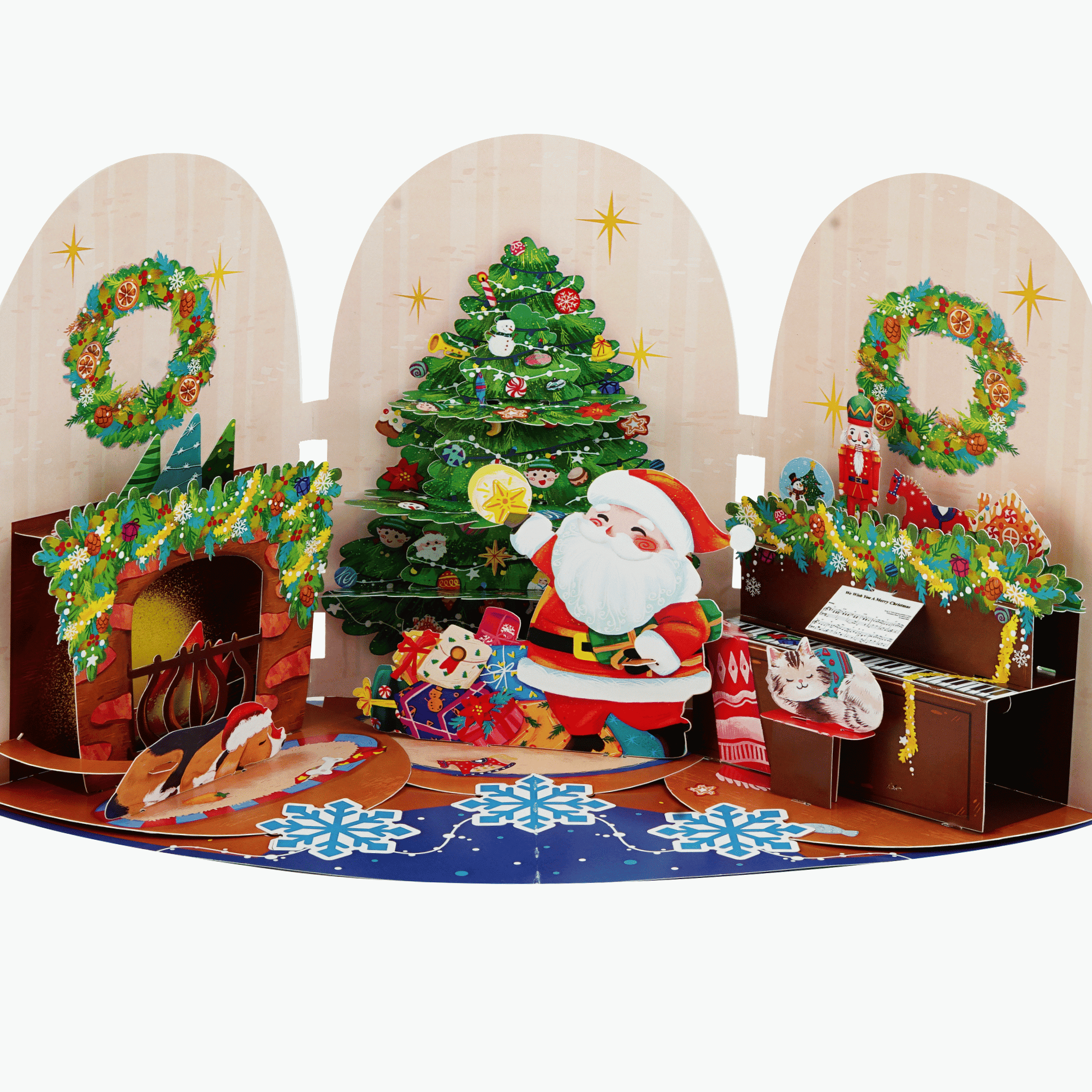 MC115 Santa’s Cozy Christmas Pop Up Card featuring Santa Claus, decorated Christmas tree, fireplace, piano, presents, and pets in a handcrafted 3D holiday scene.